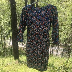 Black, teal, purple and gold sequins party dress